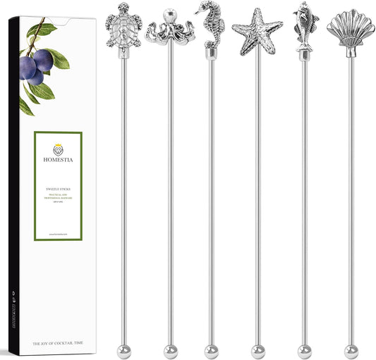 Homestia 7.5 Inches Stainless Steel Coffee Beverage Stirrers Drink Swizzle Stick with Animal Design, Set of 6 Cocktail Stirrers, Metal Cocktail Stir Sticks Stirring Drink Swizzle Stick Picks Tools