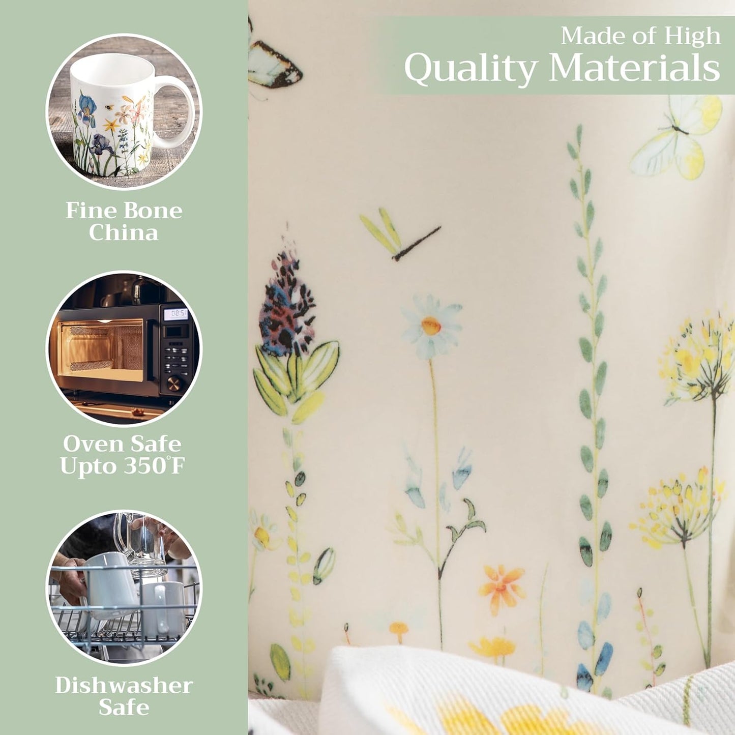 Maison d' Hermine Coffee Mug with Handles Fine Bone China Mugs Pack of One Tea Cups for Hot Beverages Cappuccino Latte Home Restaurant Office Perfect for Gift (Botanical Fresh - Meadow, 15 Ounce)