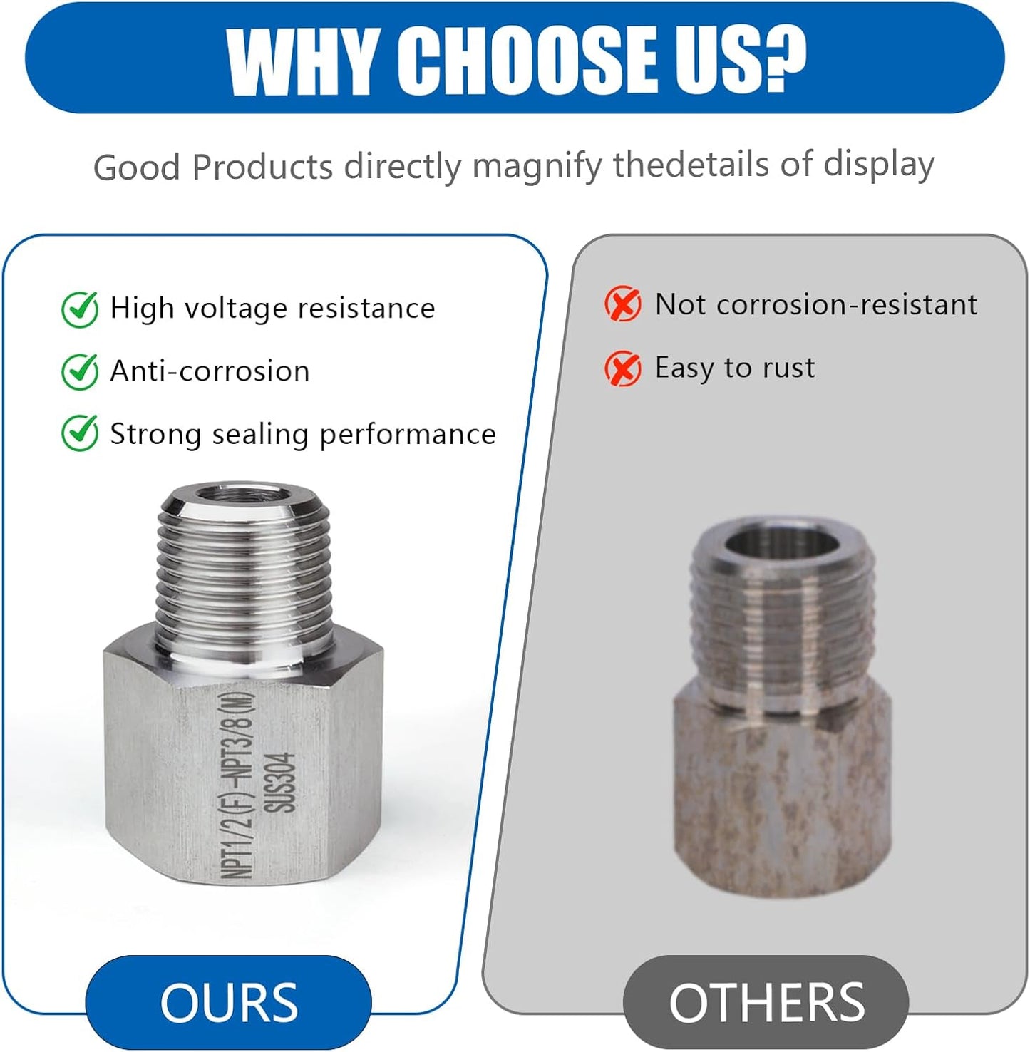 2 pieces Npt1/2 Female to Npt3/8 Male Reducer,Water pipe Adapter, Fabricate of 304 Stainless Steel