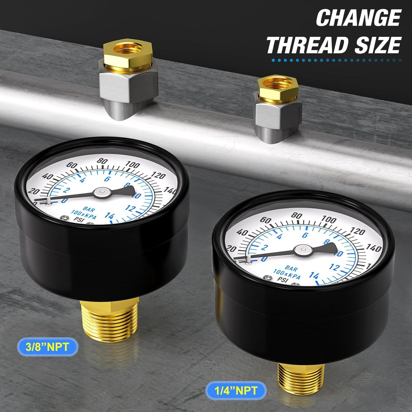 MEANLIN MEASURE 0-200Psi 2" DIAL FACE 1/8" NPT Well Pump Pressure Gauge, with 1/4" NPT and 3/8" NPT Hex Bushing, 3-2-3% Accuracy, Center Back Mount