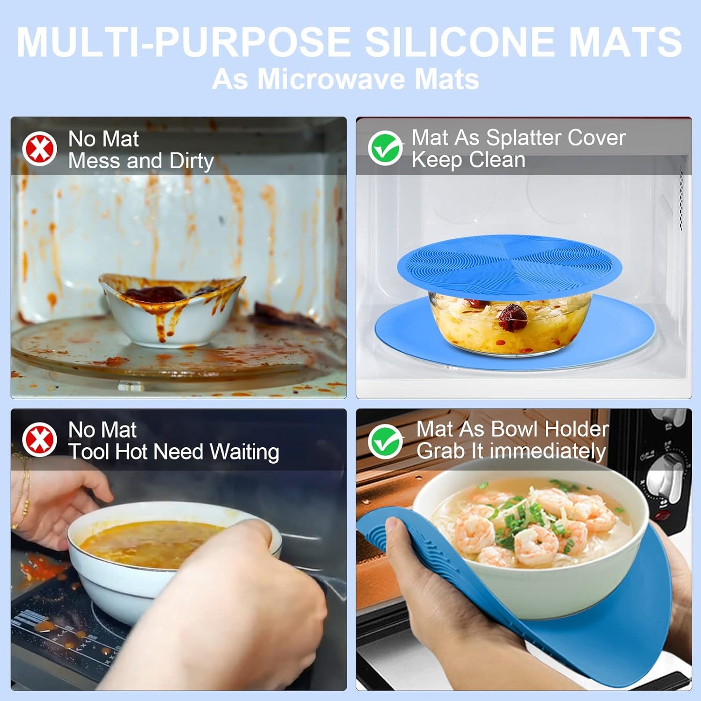 KooMall 12 10 8 Inch Multi-use Microwave Mat, Trivet, Pot Holders, Drying, Baking, Place Mat, Utensils Rest, Silicone Cover Pad for Hot Pot Pans Bowls Plates Dishes Kitchen Counter,Heat Resistant,Blue