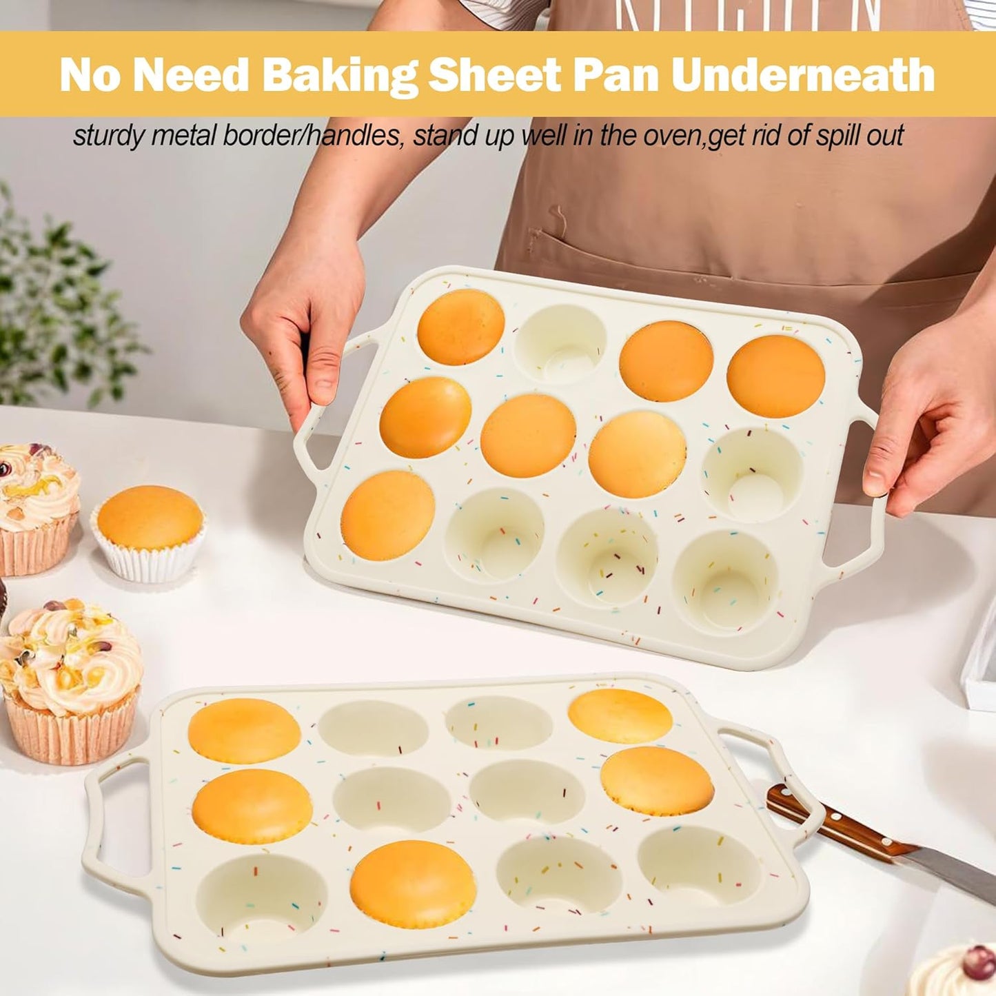 2 Pack Silicone Muffin Pans for Baking with Metal Reinforced Frame, 12 Cup Cupcake Baking Pans Nonstick for Oven, BPA Free Silicone Muffin Tin for Egg Bites Cake, Easy Pop Out & Dishwasher Safe