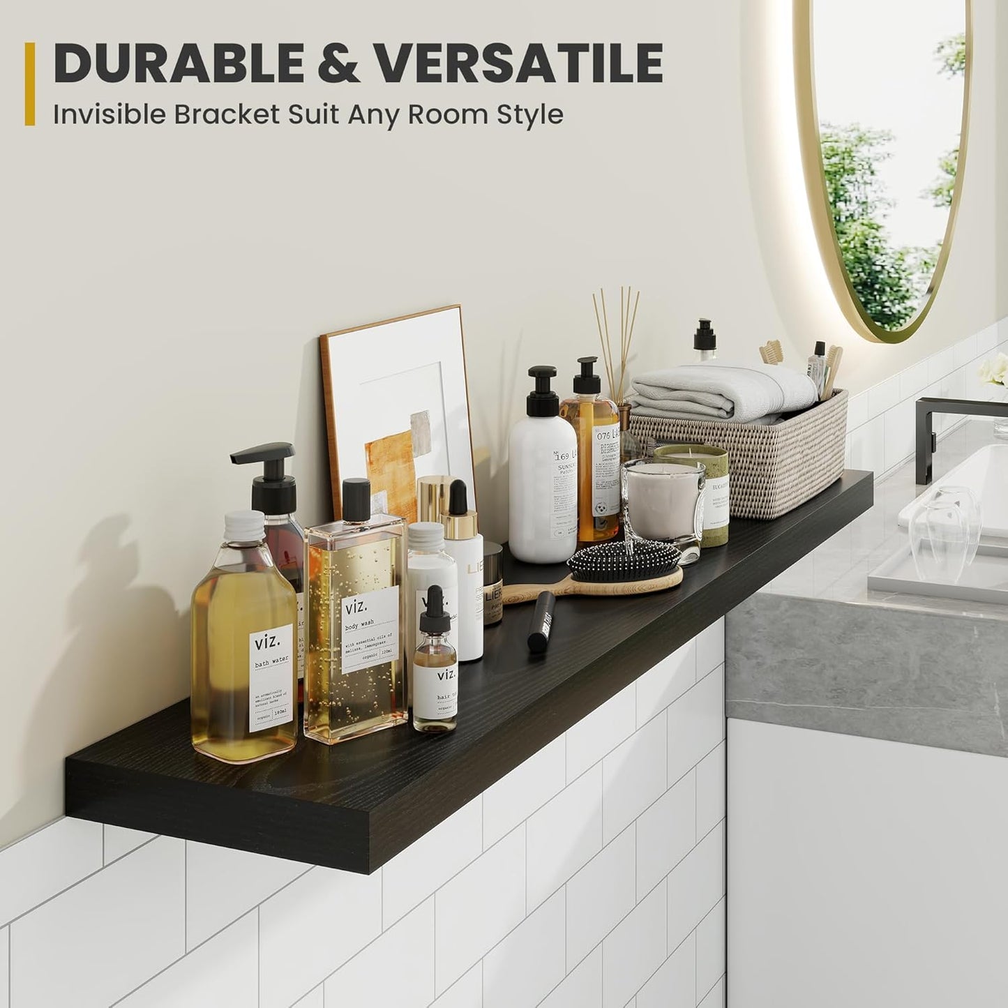 24 Inch Floating Shelves, 9.3" Deep Floating Shelf Wall Mounted, 24" Wall Shelves, Rustic Deep Bookshelf, Large Display Shelves & Storage Shelves for Bedroom, Living Room, Black, Set of 2