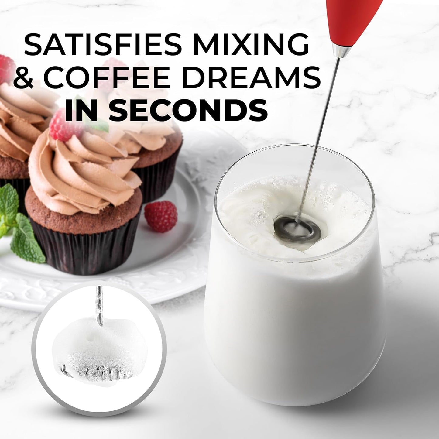 Zulay Kitchen Powerful Milk Frother Wand - Ultra Fast Handheld Drink Mixer - Electric Whisk Foam Maker for Coffee, Lattes, Cappuccino, Frappe, Matcha & Coffee Creamer - Milk Boss Cardinal Red