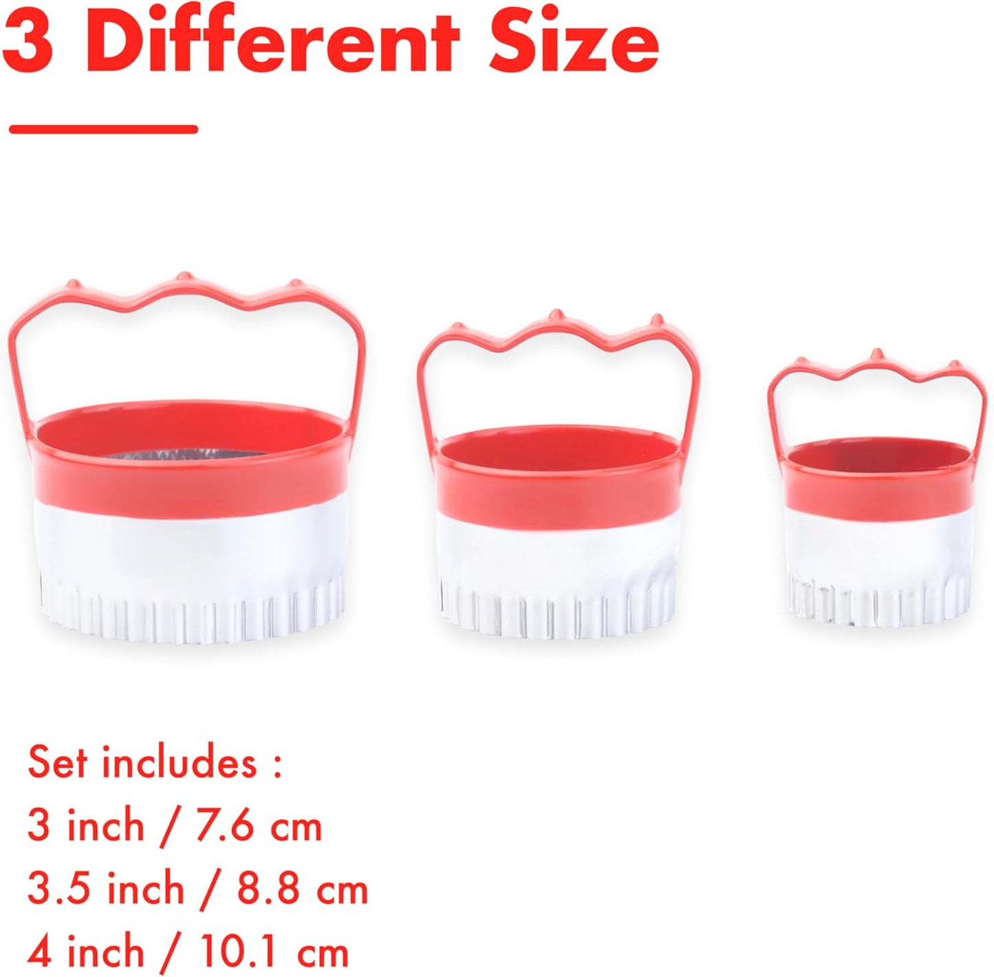 3 Pcs Fluted Round Biscuit Cutters with Handle 3" 3.5" 4", Scalloped Biscuit Cookie Cutter Set, 0.4mm Stainless Steel, 2-Inch Deep Design