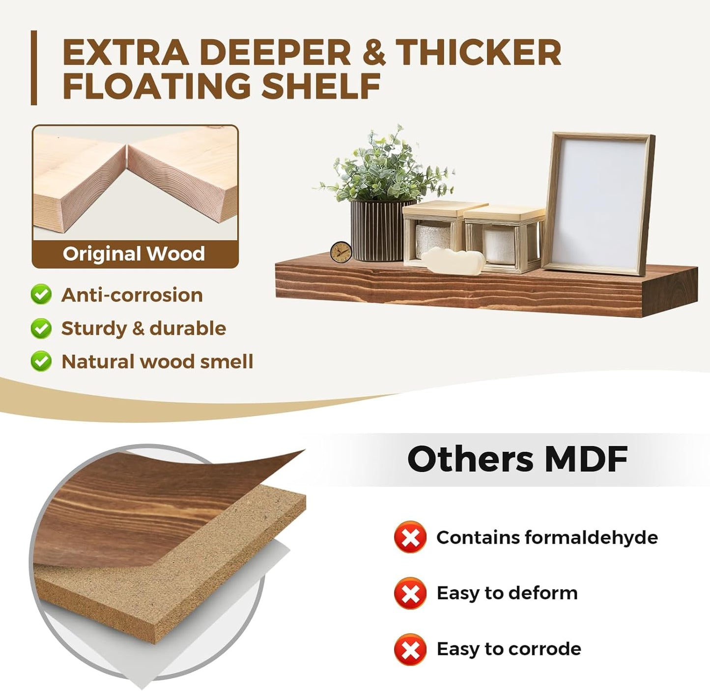 24x8x1.6 inch Floating Shelves Set of 2 – Solid Wood Rustic Brown Wall Mounted Shelf for Kitchen, Bathroom, Living Room