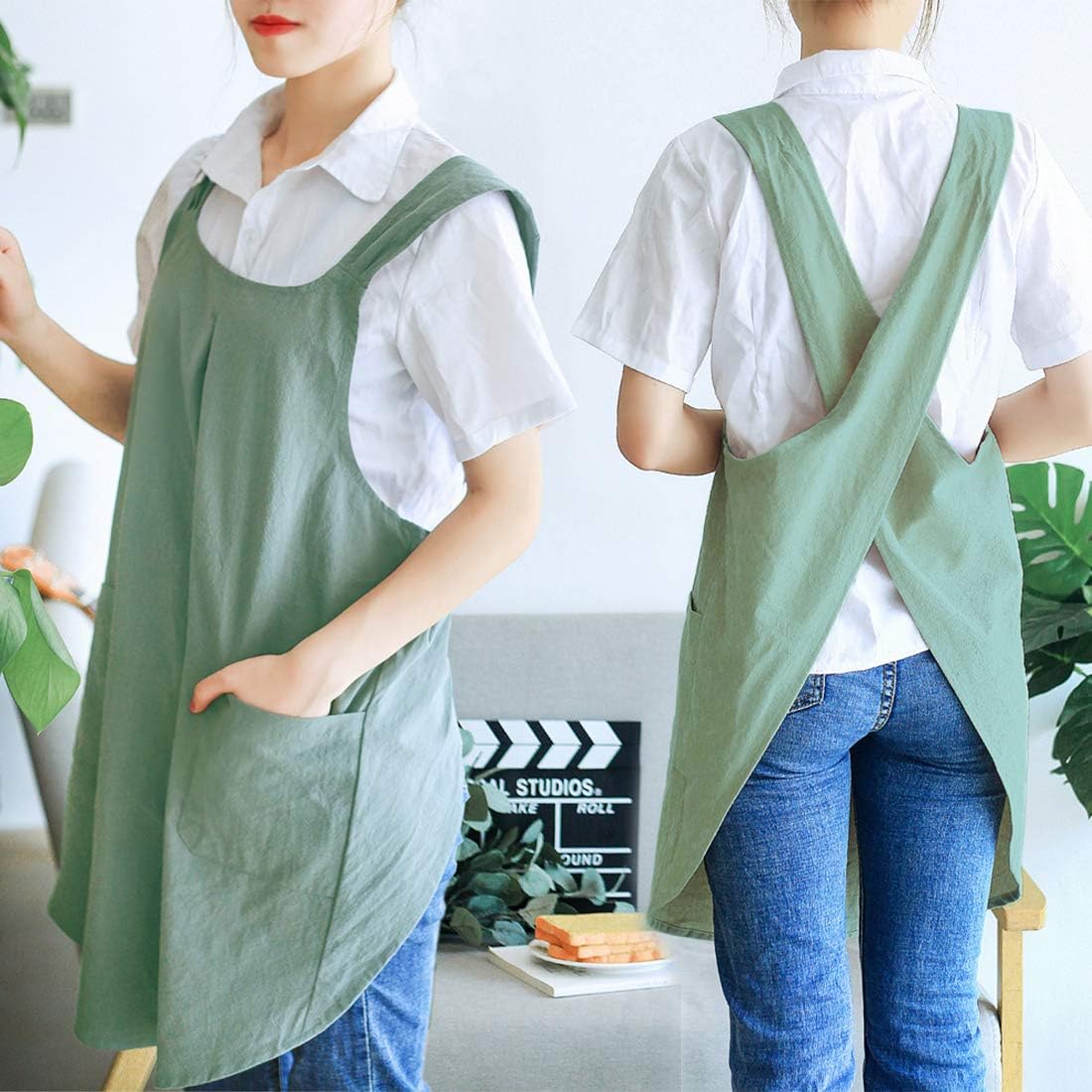 NEWGEM Japanese Linen Cross Back Cooking Aprons for Women Men with Pockets Cute for Baking Kitchen
