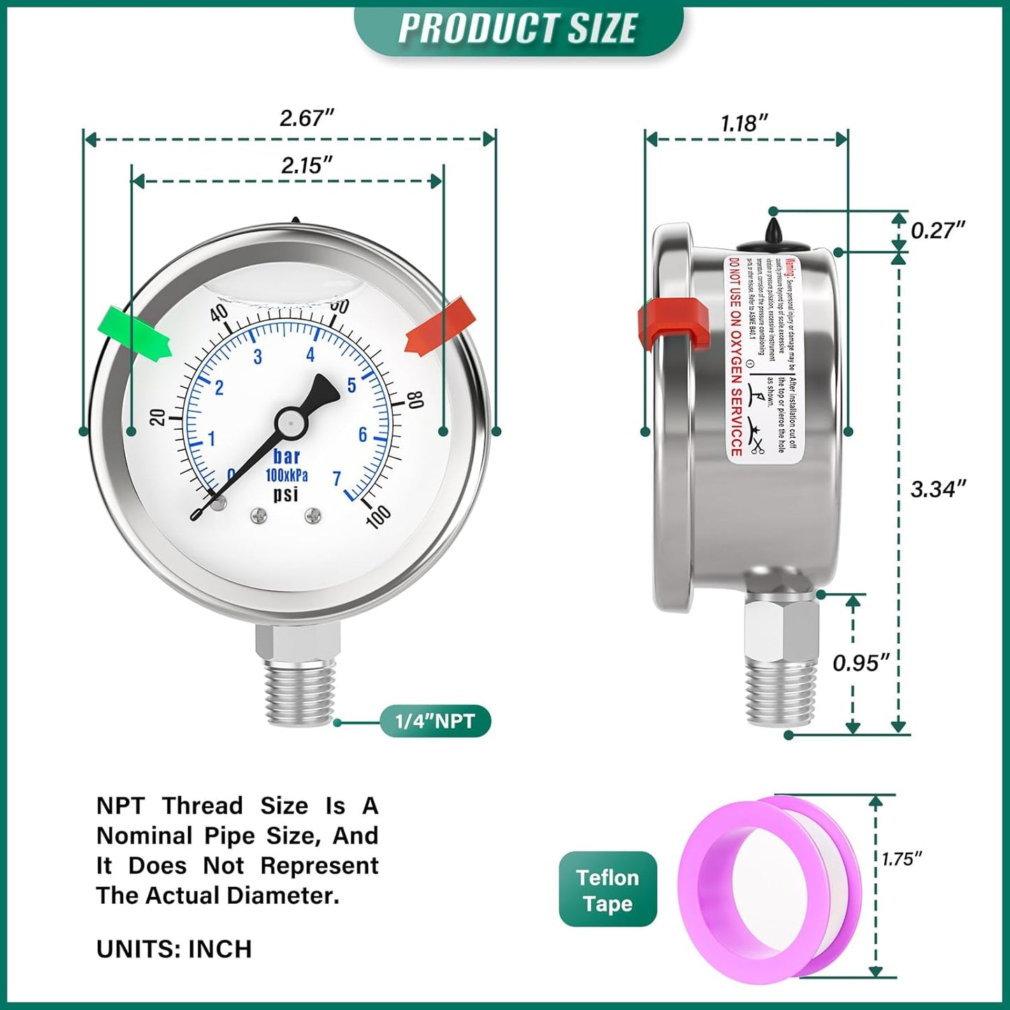 0-100PSI Stainless Steel Liquid Filled Pressure Gauge, 2.5" Dial Size, 1/4" NPT 316 Stainless Steel Joint, Lower Mount, for Tube, Water Pump, Gas, Liquid (with Range Mark Pointer)
