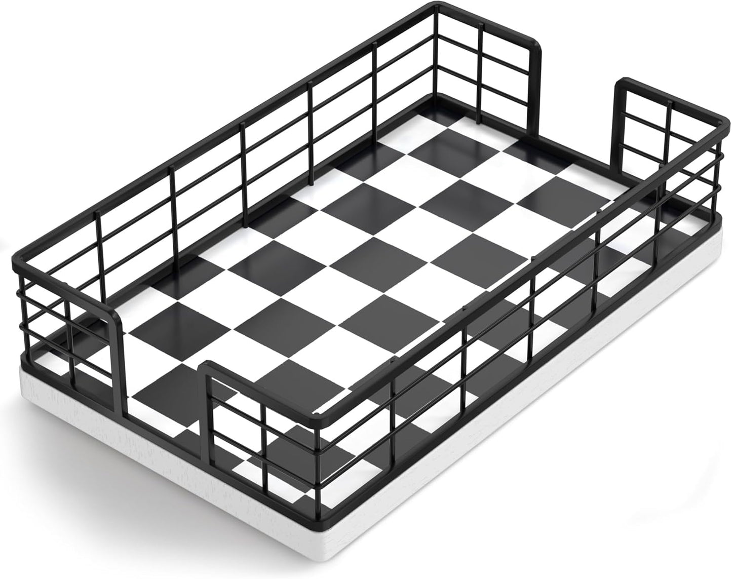 Wican Guest Towel Holder Tray for Bathroom, Oak and Iron Napkins Holder for Powder Room Dinning Table Wooden Basket for Disposable Paper Hand Towels Black and White