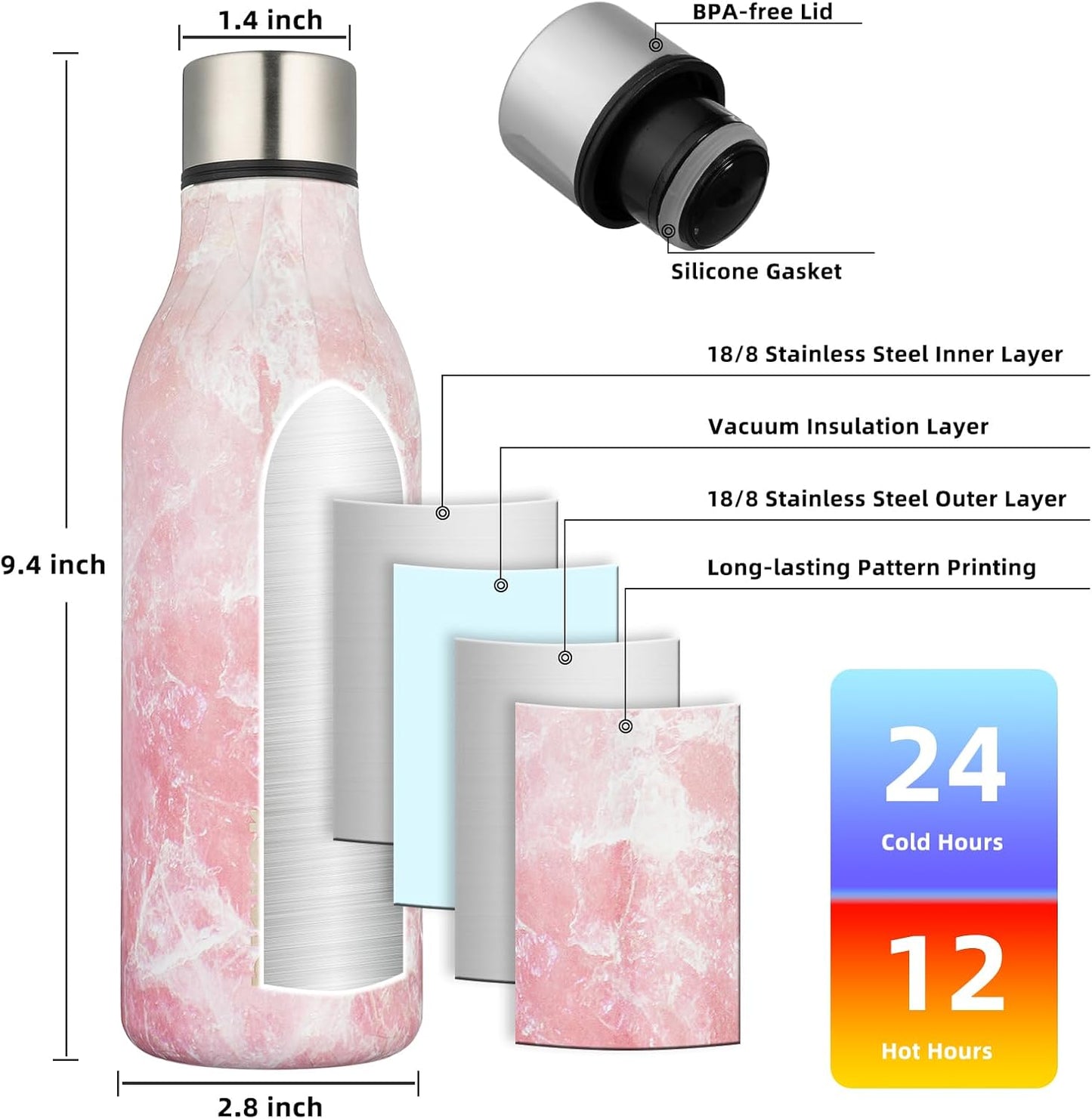 BJPKPK Insulated Water Bottles, 18 oz Stainless Steel Metal Water Bottle with Strap, BPA Free Leak Proof Thermos, Mugs, Flasks, Reusable Water Bottle for Sports& Travel, Blossom