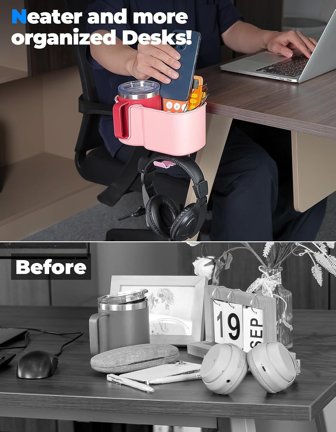 KEMIMOTO Desk Cup Holder with Headphone Hanger, 2 in 1 Caddy Organizer for Office Table, Lawn Chair, Golf Cart, Pontoon Boat, Fit for Most 18-32 oz Bottles