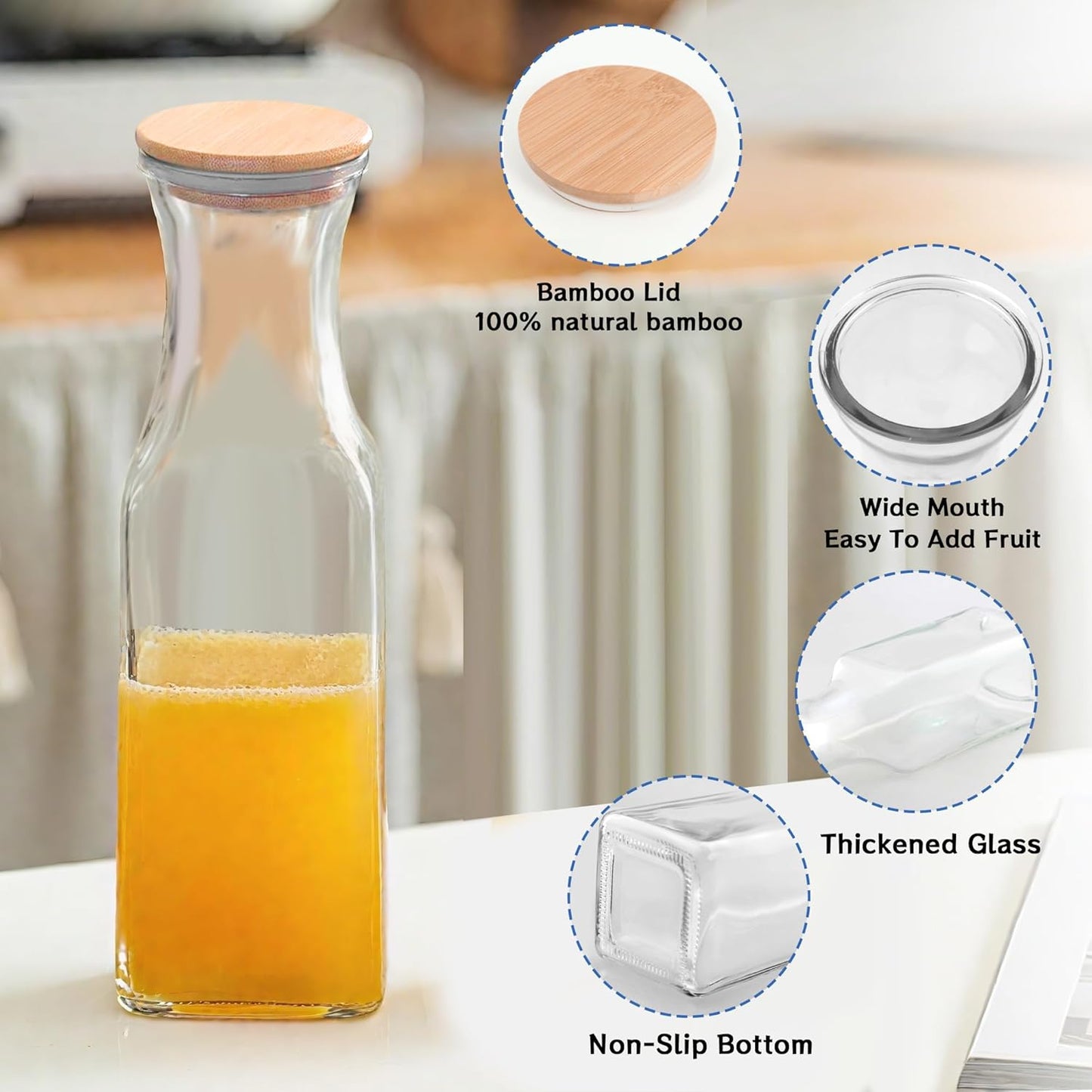 35 Oz Square Glass Carafe with Bamboo Lid, Beverage Dispensers,Mimosa Bar Supplies,Clear Glass Pitcher with Name Labels for Iced Tea,Coffee,Juice(Pack of 2)