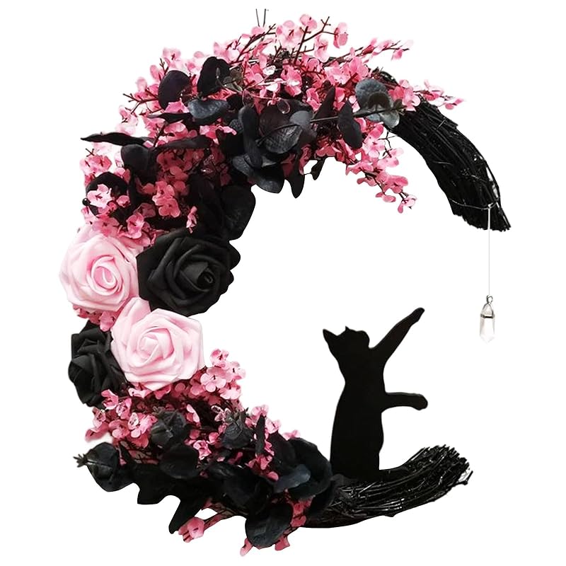 Halloween Wreaths for Front Door with Lights, Black Cat on Moon Garland with Rose Wreath Decor, Halloween Decorations Crescent Moon Wreath for Home Party Window Wall Indoor Outdoor (pink moon cat)