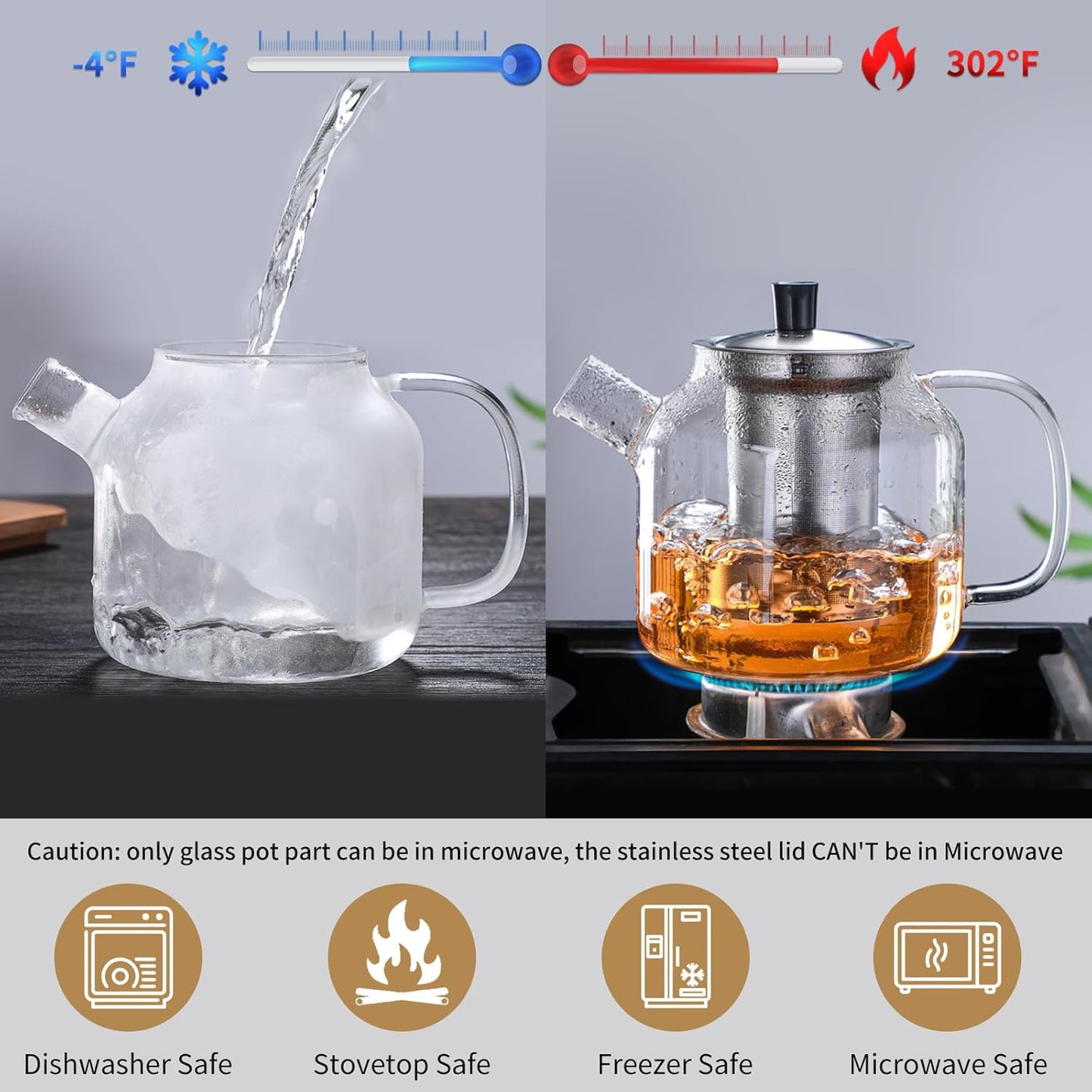 50OZ Glass Teapot With Infuser, Tea Pot for Stove Top, 1500ML Glass Tea Cup With Infuser and Lid, Microwave and Dishwasher Safe