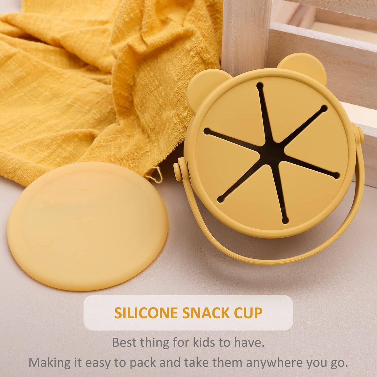 Snack Cups for Toddlers, Baby Snack Containers, Silicone Toddler Snack Cups No Spill, Food Catcher with Lid & Bucket-like Handle, BPA Free & Dishwasher Safe, 9 Ounce Mustard