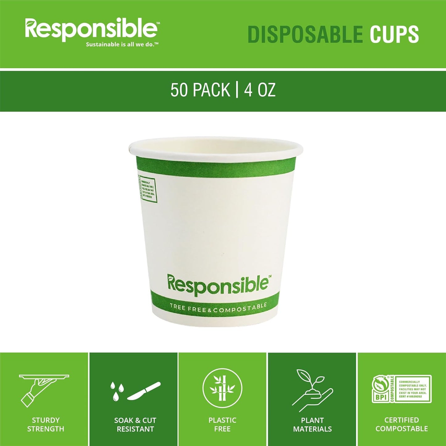 Certified Compostable 4 oz Paper Cups, Cold ＆ Hot Coffee Cups, Disposable Paper Cups, Extra Strength Disposable Cups, Made without PFAS (50 count)