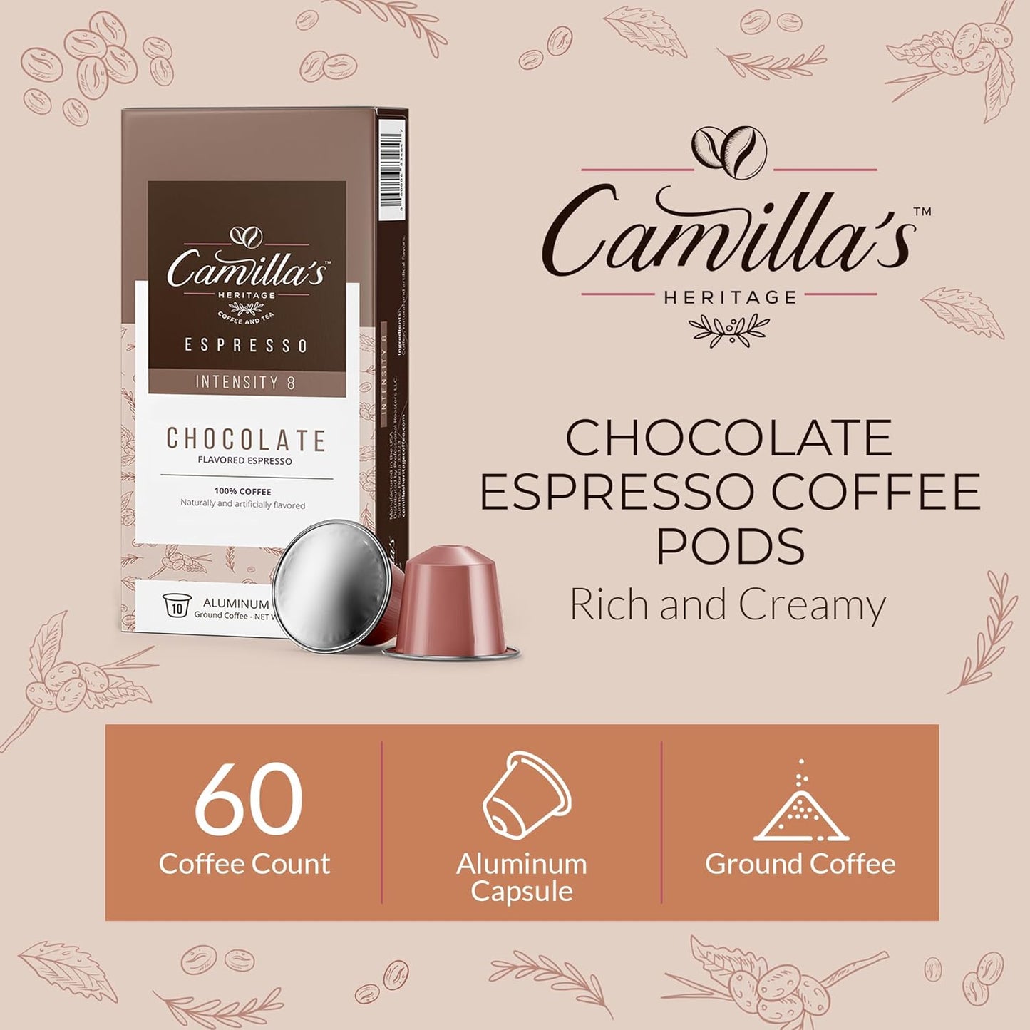 Camilla’s Heritage - Intensity 8 Chocolate Flavored Espresso Coffee, Gourmet Espresso Cups, 60 Coffee Pods