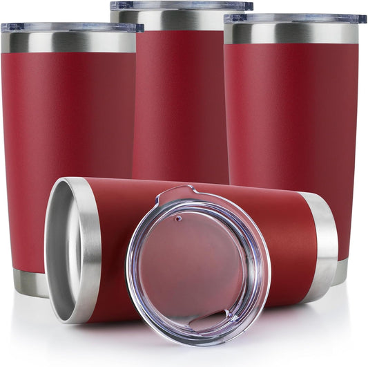 DOMICARE 20oz Stainless Steel Tumbler Bulk with Lid, Double Wall Vacuum Insulated Travel Mug, Powder Coated Coffee Cup (Powder Red, 4)