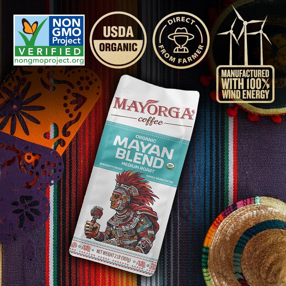 Mayorga Organic Coffee 2lb Mayan Blend - Medium Roast Whole Bean Coffee Specialty Grade, 100% Arabica, Slow Roasted, Chocolate and Floral Flavor with Low Acidity - USDA Organic, Non-GMO, Kosher