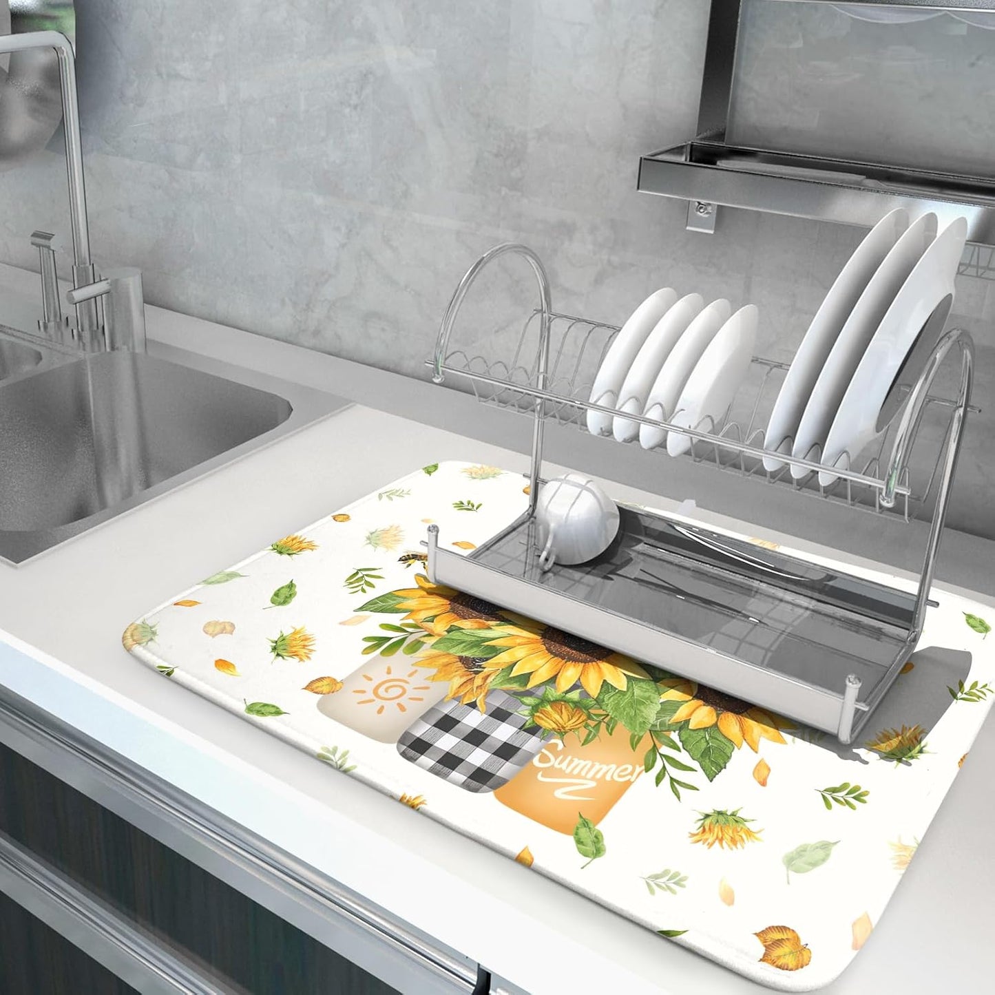 Giwawa Sunflower Vases Dish Drying Mat for Countertop, 18"x24" Summer Bee Floral Mason Jar Dish Drainer Mats, Fast Dry Microfiber Reversible Large Dish Drying Pad Kitchen Decoration