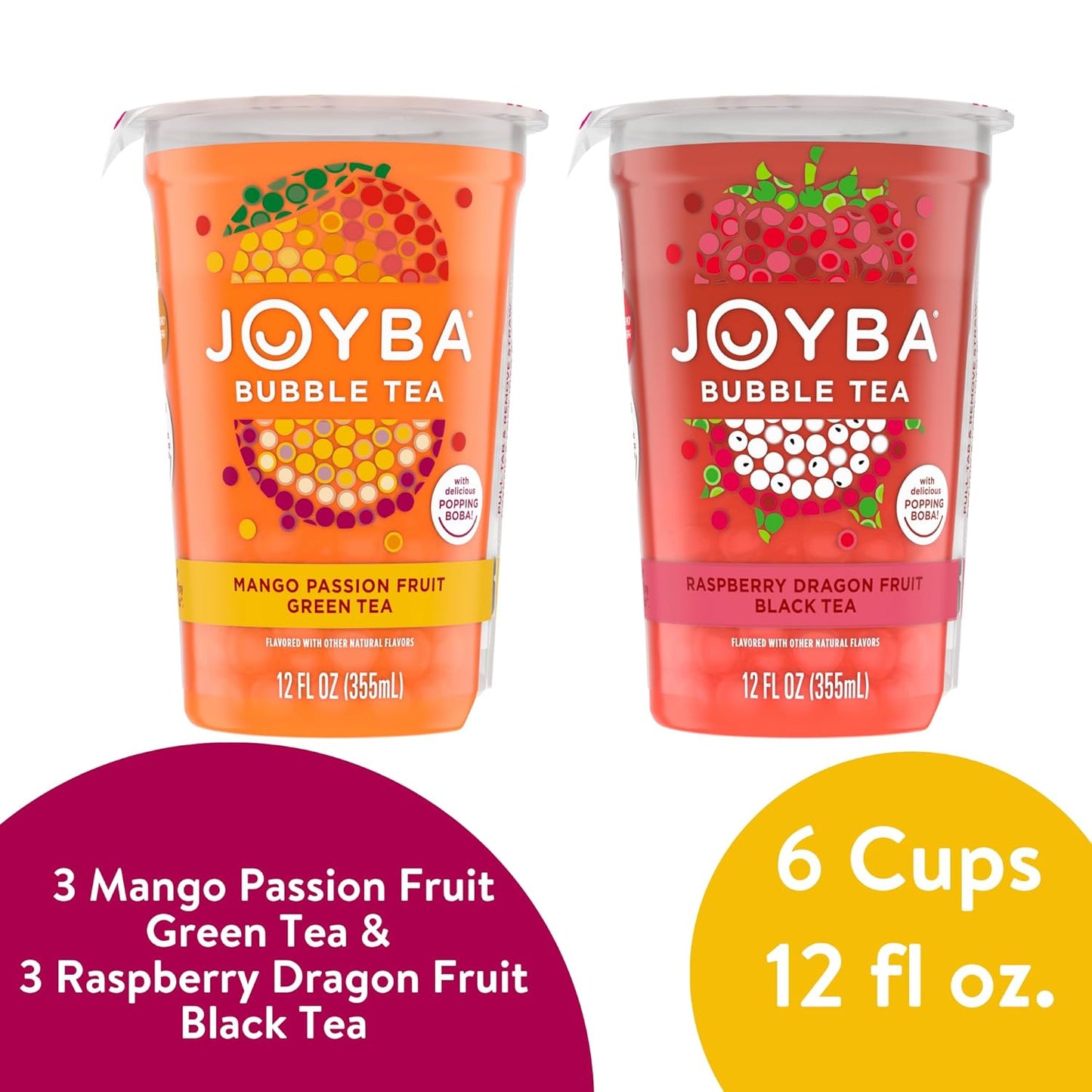 Joyba Bubble Tea Variety Pack, Mango Passion Fruit Green Tea & Raspberry Dragonfruit Black Tea with Popping Boba, 6 Pack, 12 fl. oz. Cups