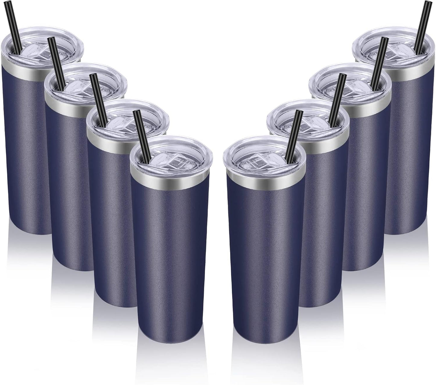 VEGOND Stainless Steel Tumblers Bulk 8 Pack, 20 oz Vacuum Insulated Skinny Tumblers with Lid and Straw, Double Wall Coffee Mug, Travel Water Cup, Navy Blue