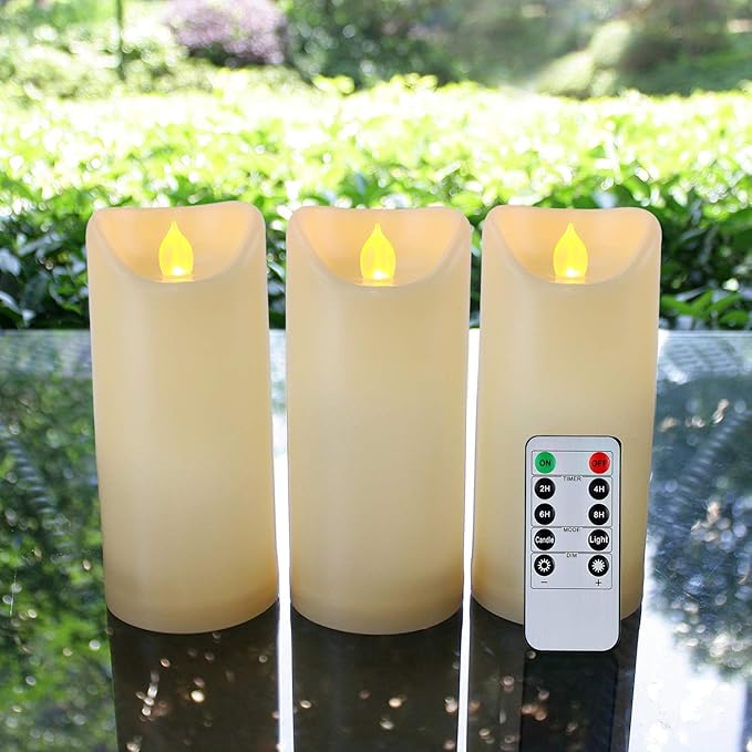 Homemory 3"x7" Outdoor Waterproof Flameless Candles with Timers and Remote Control, Battery Operated Candles, LED Plastic Candles, Ivory, Set of 3