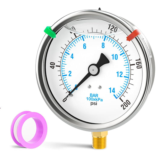 0-200PSI Stainless Steel Liquid Filled Pressure Gauge, 4" Dial Size, 1/4" NPT Lower Mount, for Tube, Water Pump, Gas, Liquid, Pressure Test (with Range Mark Pointer)