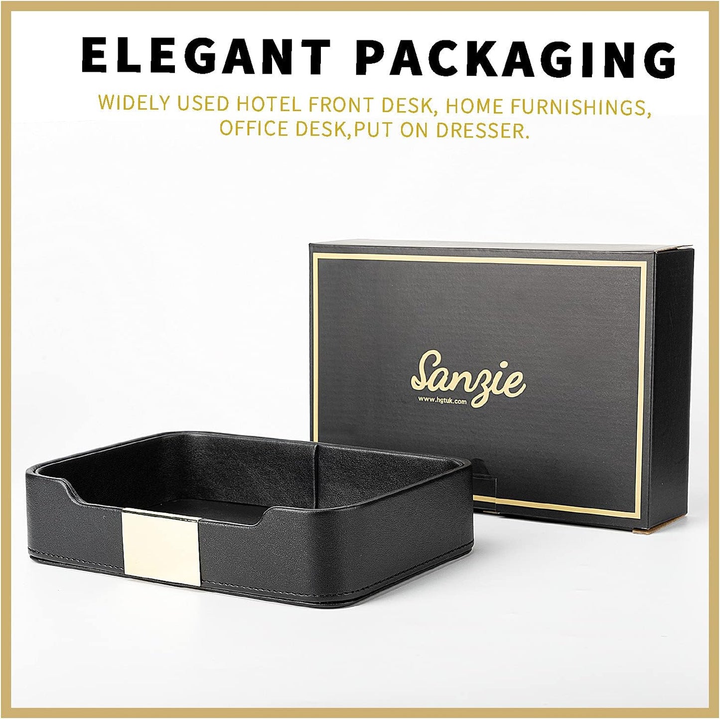 SANZIE Luxury Leather Tray Desktop Storage Catchall Organizer Decorative Tray for Entryway Table to Hold Jewelry Watch Keys Phone Wallet (Metal Glided, Black)