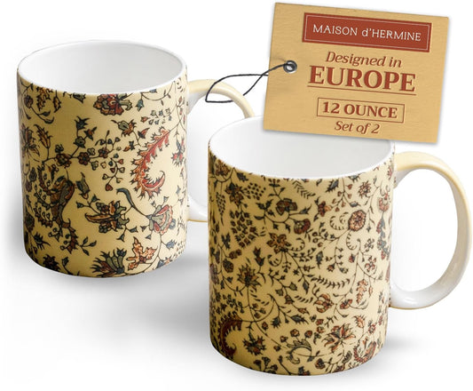 Maison d' Hermine Coffee Mug with Handles Fine Bone China Mugs Pack of Two Tea Cups for Hot Beverages Cappuccino Latte Home Restaurant Office Perfect for Gift (Lakshmi, 12 Ounce)
