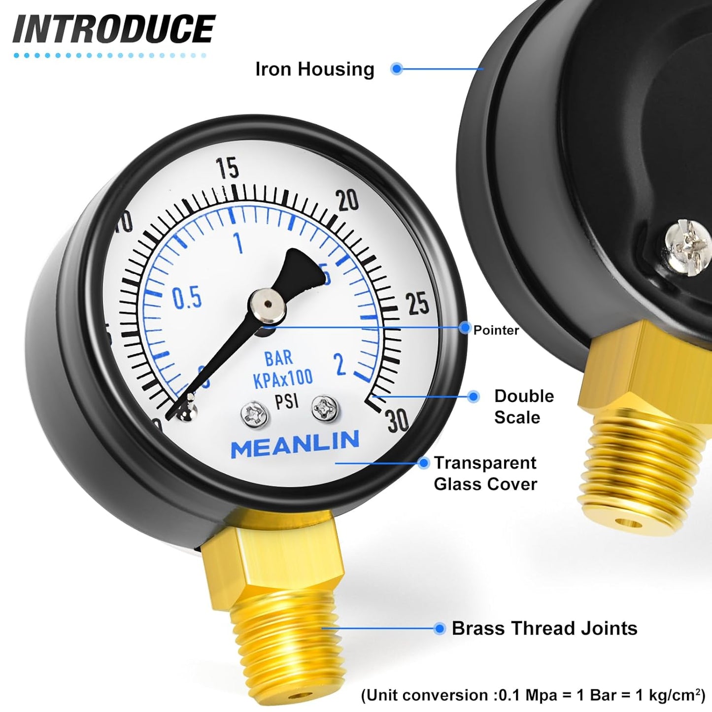 MEANLIN MEASURE 0-30Psi 2" DIAL FACE 1/4" NPT Well Pump Pressure Gauge, with 1/2" NPT and 3/8" NPT Hex Bushing, 3-2-3% Accuracy, Lower Mount