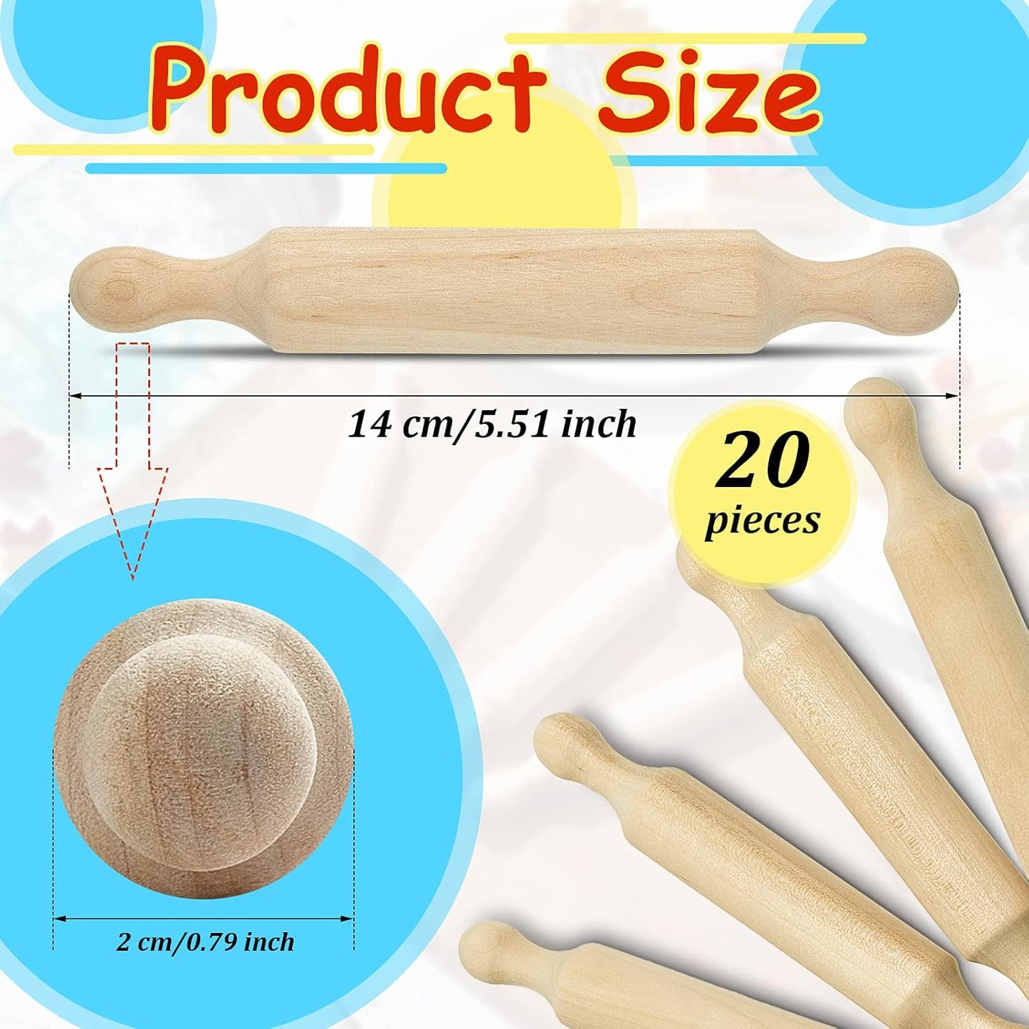 Suclain 20 Pcs Wooden Mini Rolling Pin Long Kitchen Baking Small Dough Rolling Pin for Children Fondant Pastry Pizza Crafting and Imaginative Play for Halloween and Christmas Presents (6 Inches)