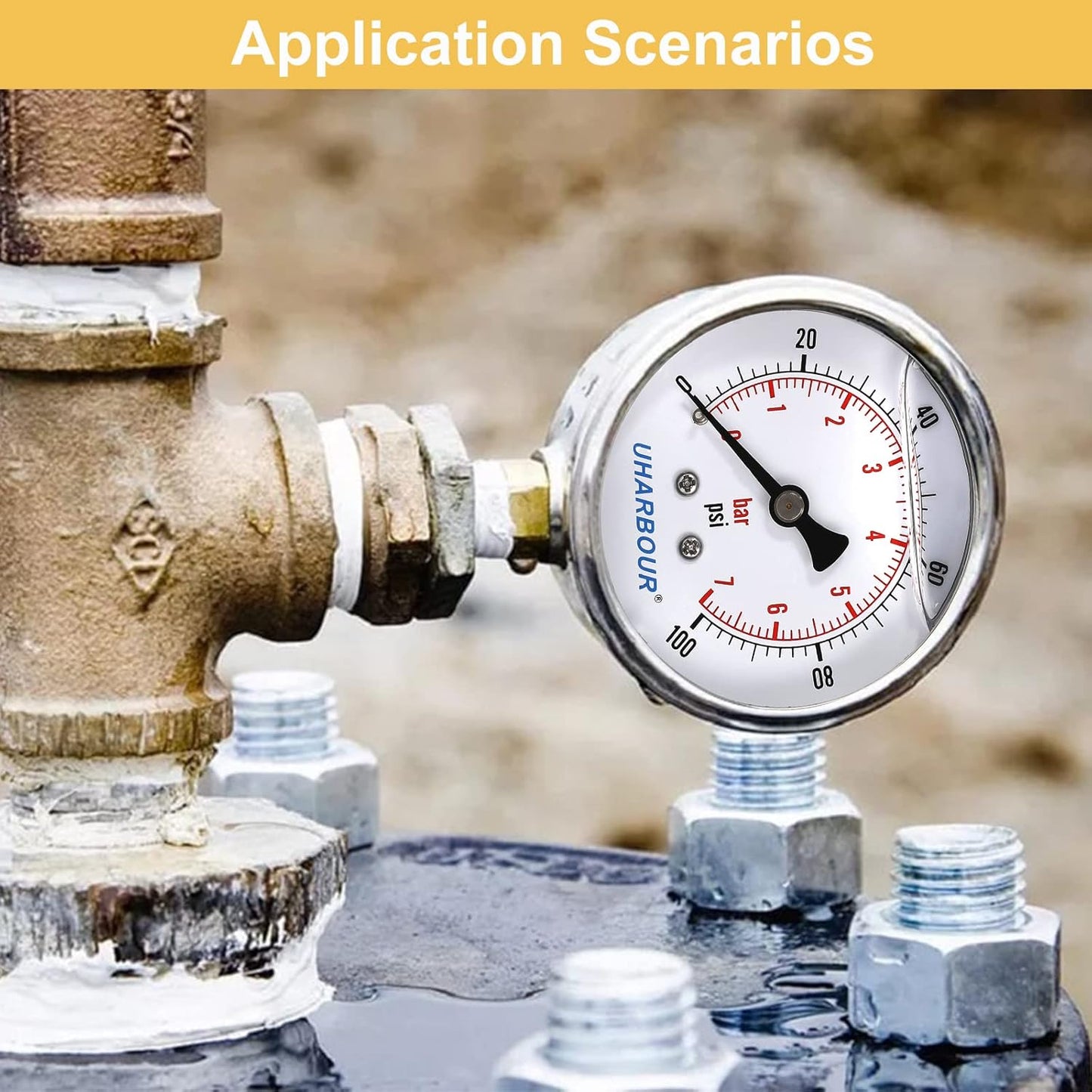 Water Pressure Gauge 2-1/2" Dial Liquid Filled 0-100PSI, Rubber Protective Case, 1/4" NPT Lower Mount, Including 1/4" to 1/8" Thread Adapter and Teflon Tape