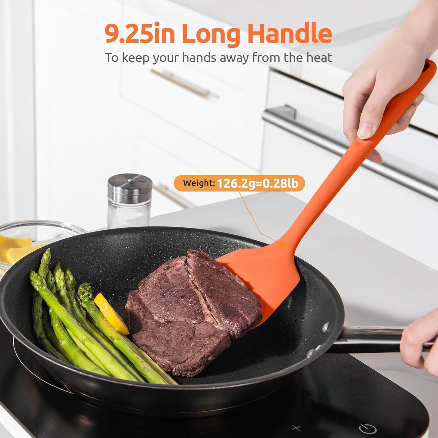 600ºF Heat Resistant Silicone Turner: U-Taste 13.6in Solid Kitchen Spatula Flipper, Food Grade Flexible & Thin Rubber Seamless Cooking Utensil for Flipping Egg, Pancake in Nonstick Cookware (Orange)