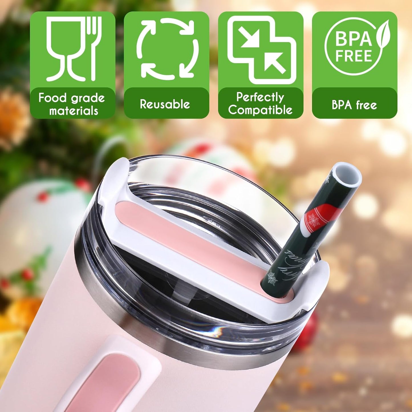 AIERSA 6 Pack Christmas Straw Replacement for Stanley 30&40oz,Plastic Reusable Straw for Stanley Tumbler,Long Straws with Cleaning Brush for Stanley Cup Accessories