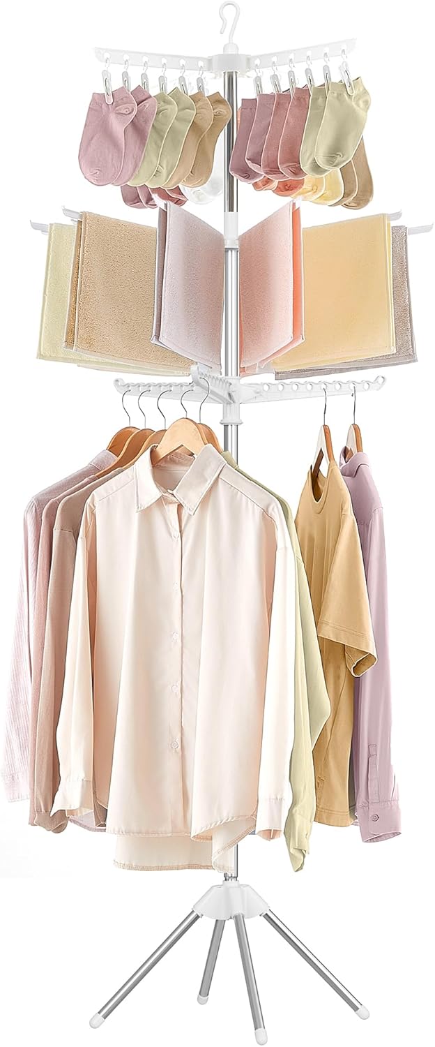 SONGMICS 3-Tier Clothes Drying Rack, 82.7-Inch Folding Laundry Drying Rack with 11 Rotatable Arms for Hangers, 24 Clips, Stainless Steel, for 27 Pieces of Clothes, White and Silver ULLR513W01