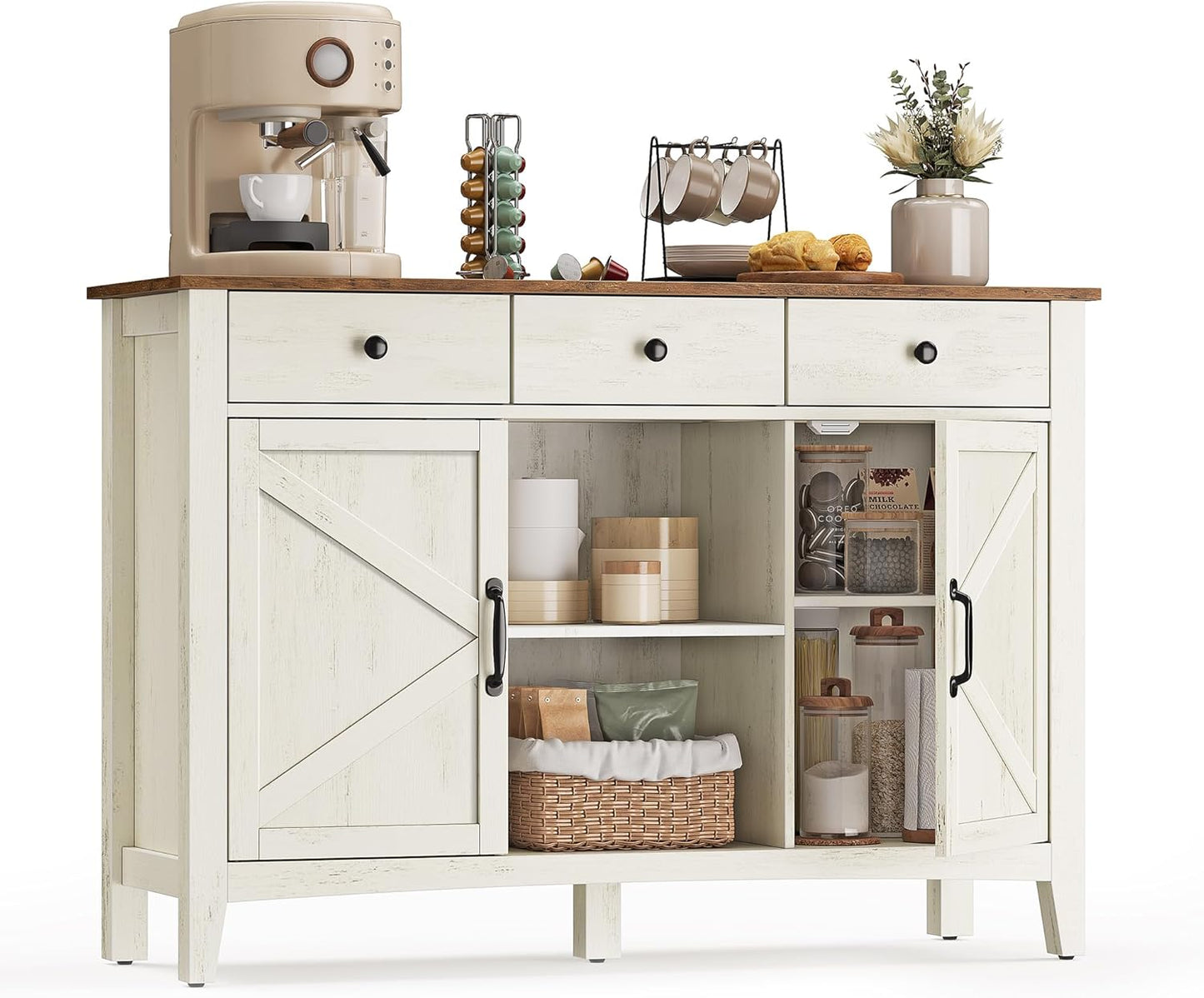 VASAGLE LIRY Collection - Buffet Cabinet, Coffee Bar Cabinet with 3 Drawers, Adjustable Shelves, Sideboard Storage with Cable Holes, Drawer Dividers, Rustic White and Honey Brown UBBK371W01V1