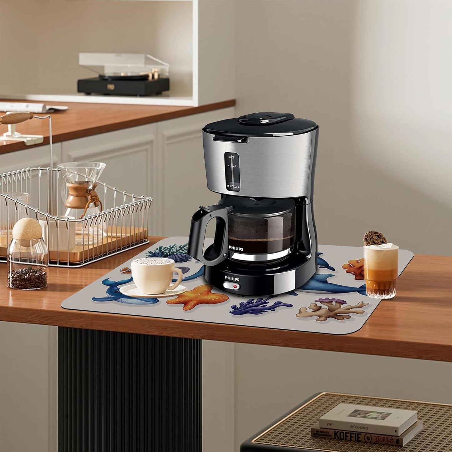 Sea Animals Dish Drying Mat Dolphins Starfish Anemones Kitchen Mat 12"x19" Bsorbent Coffee Maker Mat for Dishes,Utensils Coffee Maker Pots and Pans Easy Clean Dish Slip Resistant Pad