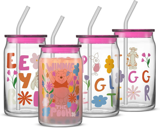 JoyJolt Disney Winnie the Pooh & Friends Flower Power Glass Tumblers with Lids and Straws, 16oz Glass Cups with Lids and Straws, Can Shaped Drinking Glasses Set of 4, Disney Gifts for Adults