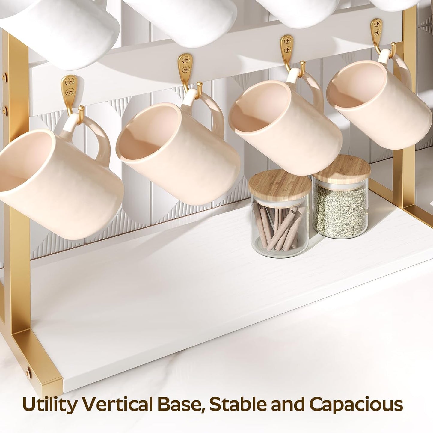 Coffee Mug Holder for Counter, 2 Tier Mug Tree Rack, with 8 Hook and 2 Open Shelves, Vintage Mug Holder Stand for Home Kitchen, White and Gold MH43DW
