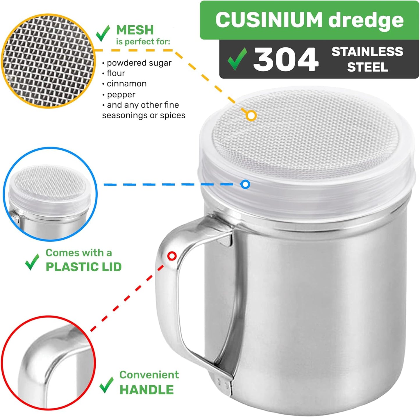 CUSINIUM Powdered Sugar Shaker Duster - With Handle - Cinnamon Shaker For Coffee Bar - Fine Mesh Dredge - 10 ounce | Style: Fine