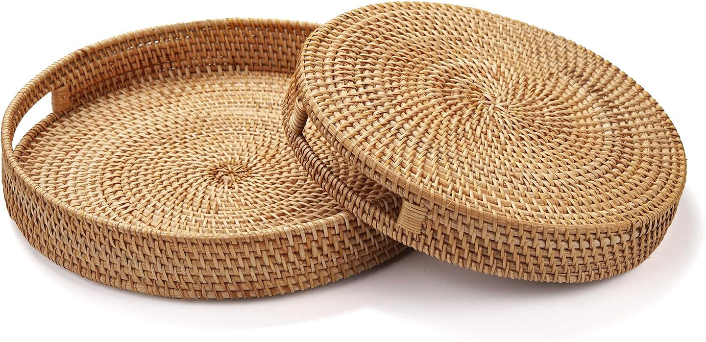 Rattan Round Serving Tray, Hand Woven Serving Basket with Cut - Out Handles, Wicker Fruit/Bread Serving Basket (11.8 + 13.8 inch)