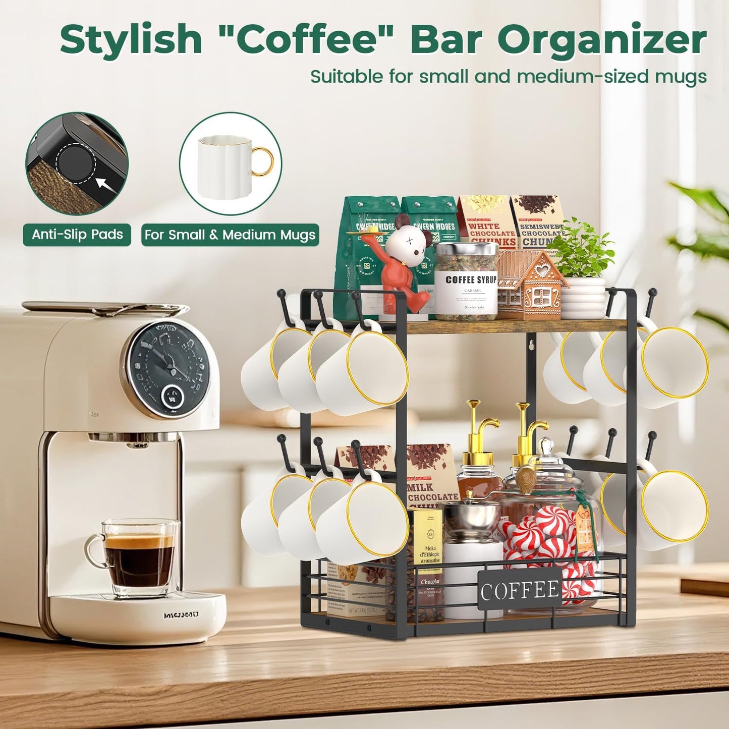 EsLuker.ly Coffee Mug Cup Holder Tree Bar Station Organizer, 2 Tier Mug Stand Rack for Countertop Kitchen, Storage Tower Display Shelf with 12 Hooks, Coffee Nook Enhancer, Vintage Brown Black