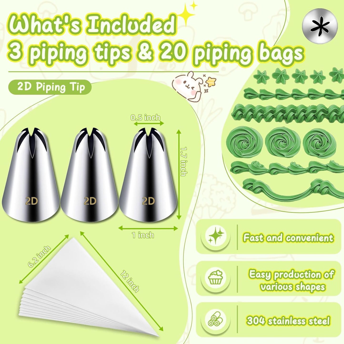 Hendiy 3pcs 2D Cake Piping Tips with 20 Piping Bags, Large Piping Nozzles Decorating Tips, Cake Baking Tools for Cookie Icing Cupcakes, Buttercream,Birthday Cake, Cupcake, DIY Art