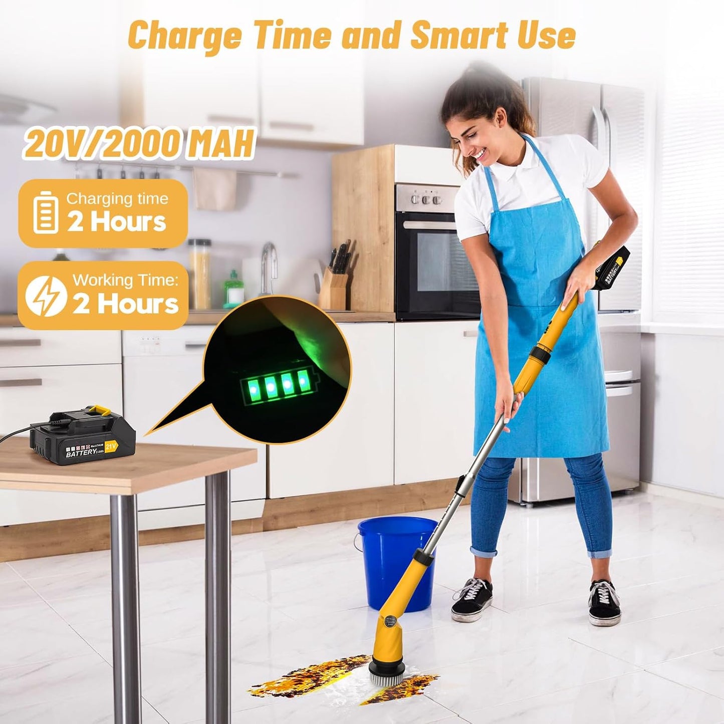 Qimedo Upgrade 1200 RPM Battery Electric Spin Scrubber, Highly Powerful Cordless Cleaning Brush with Smart Display, Electric Tile Floor Scrubber with 8 Brushes, Battery Powered Shower Scrubber