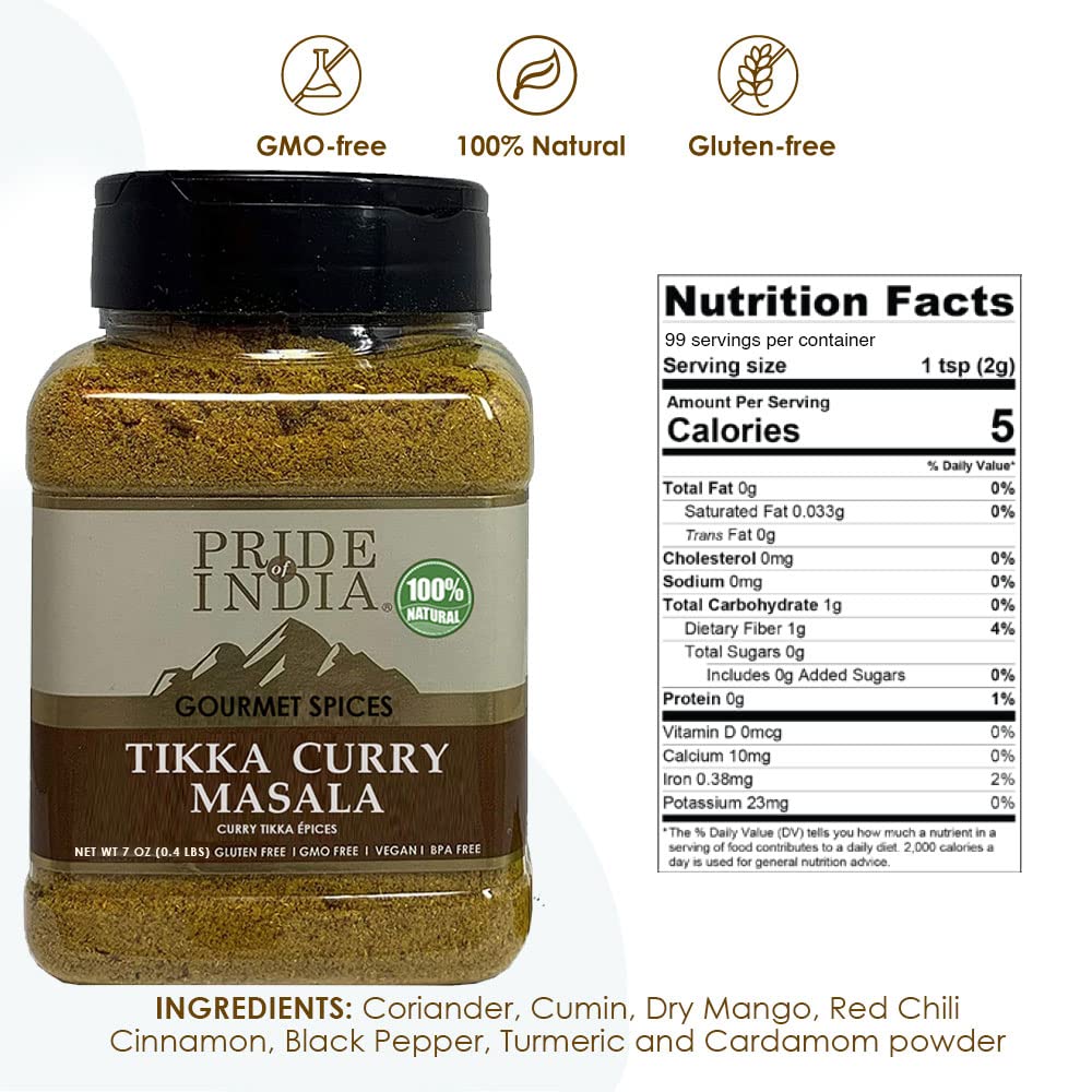 Pride of India - PACK of 6 - Tikka Curry Masala Seasoning Spice – Gourmet Curry Mix – Ideal for Vegetarian and Meat Dishes – Natural & GMO Free – Easy To Use - 8 oz. Medium Dual Sifter Jar