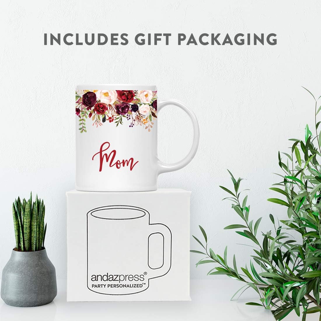 Andaz Press 11oz. Mother's Day Ceramic Coffee Tea Mug Gift, Fall Autumn Marsala Burgundy Flowers Roses Florals, Mom, 1-Pack, Includes Gift Box, Birthday Christmas Gift Ideas