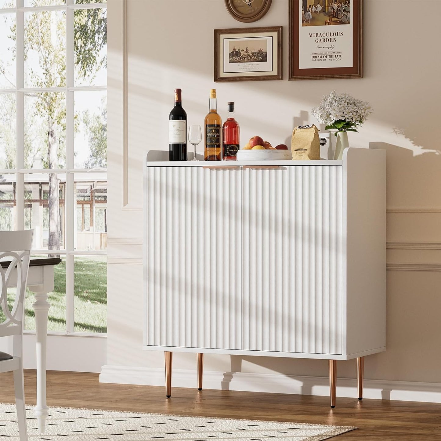 EOYUTLLY Coffee Bar Cabinet with Wine Rack & Glass Holder, Kitchen Sideboard Buffet Cabinet with Storage,Wine Bar Cabinet with Fluted Doors for Living Room Dining Room,White