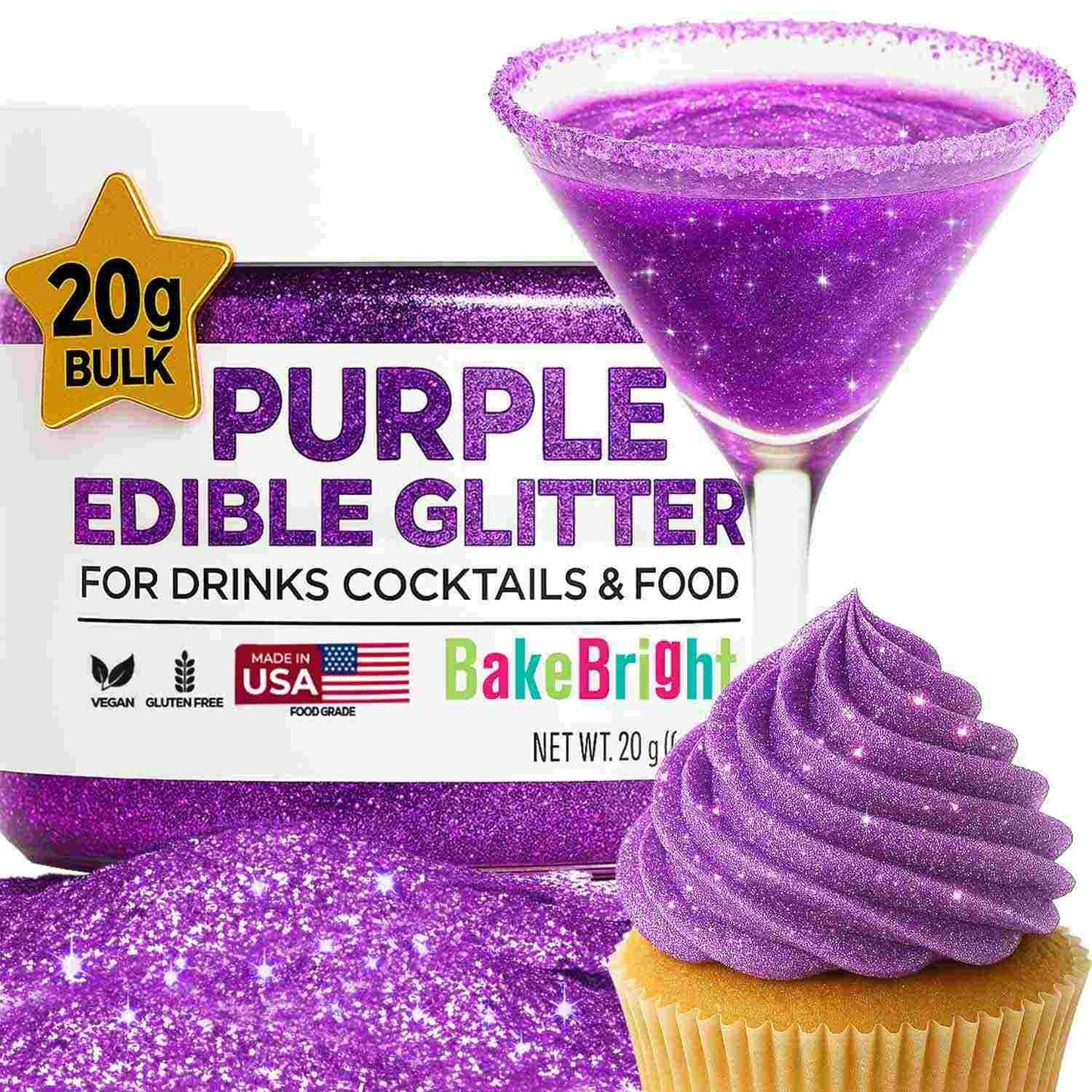 Bulk 20g Purple Edible Glitter for Drinks | Premium Edible Glitter for Cakes, Cocktails, Purple Cake Decorating Decorations Food Grade, Vegan, Kosher, Halal, Gluten Free - Made in USA