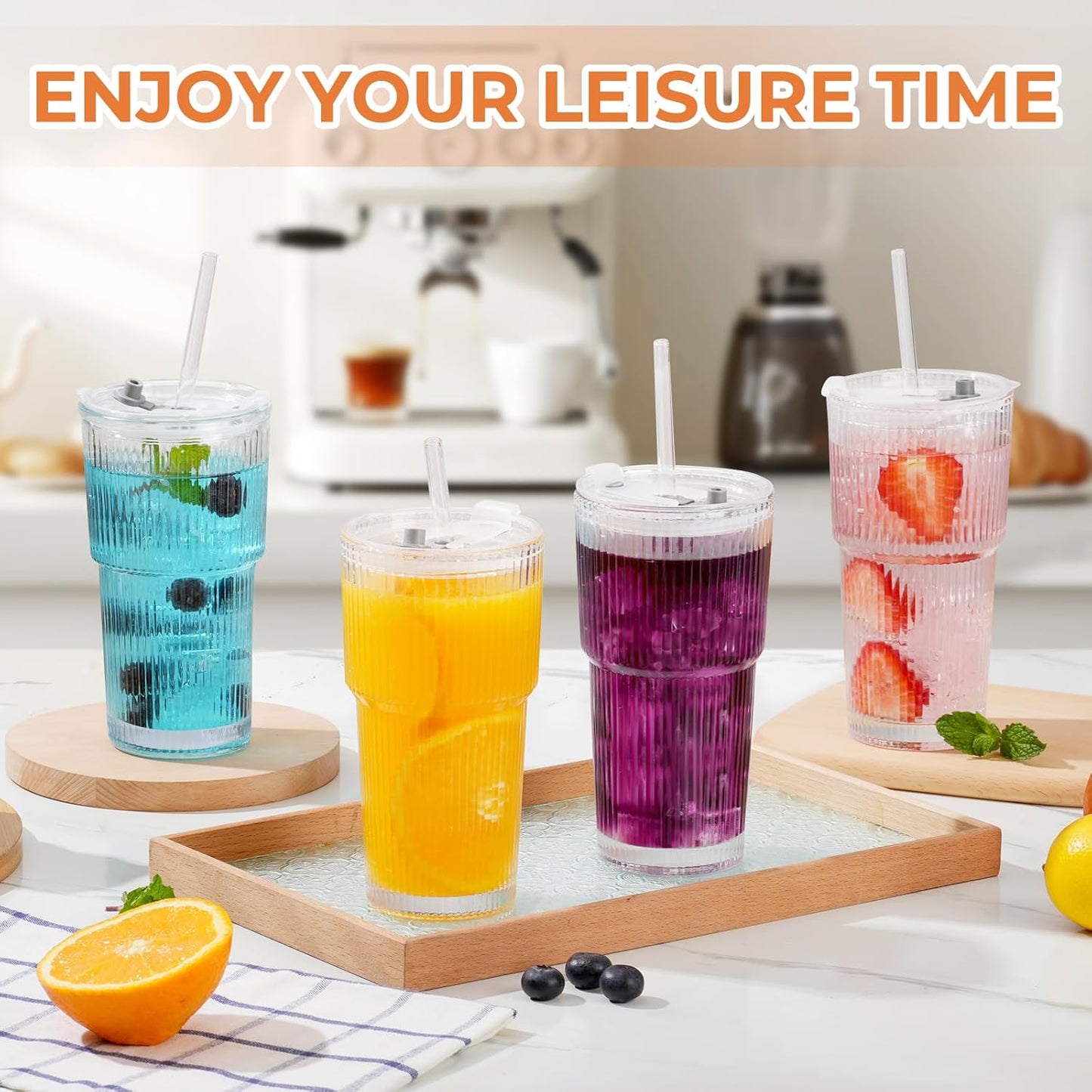 2 Pack 20 Oz Glass Cups with Lids and Straws Iced Coffee Cups Vintage Ribbed Glassware for Beer Ice Coffee Fruit Juice Elegant Aesthetic Cup Glass Iced Coffee Tumbler Include 1 Cleaning Brushes